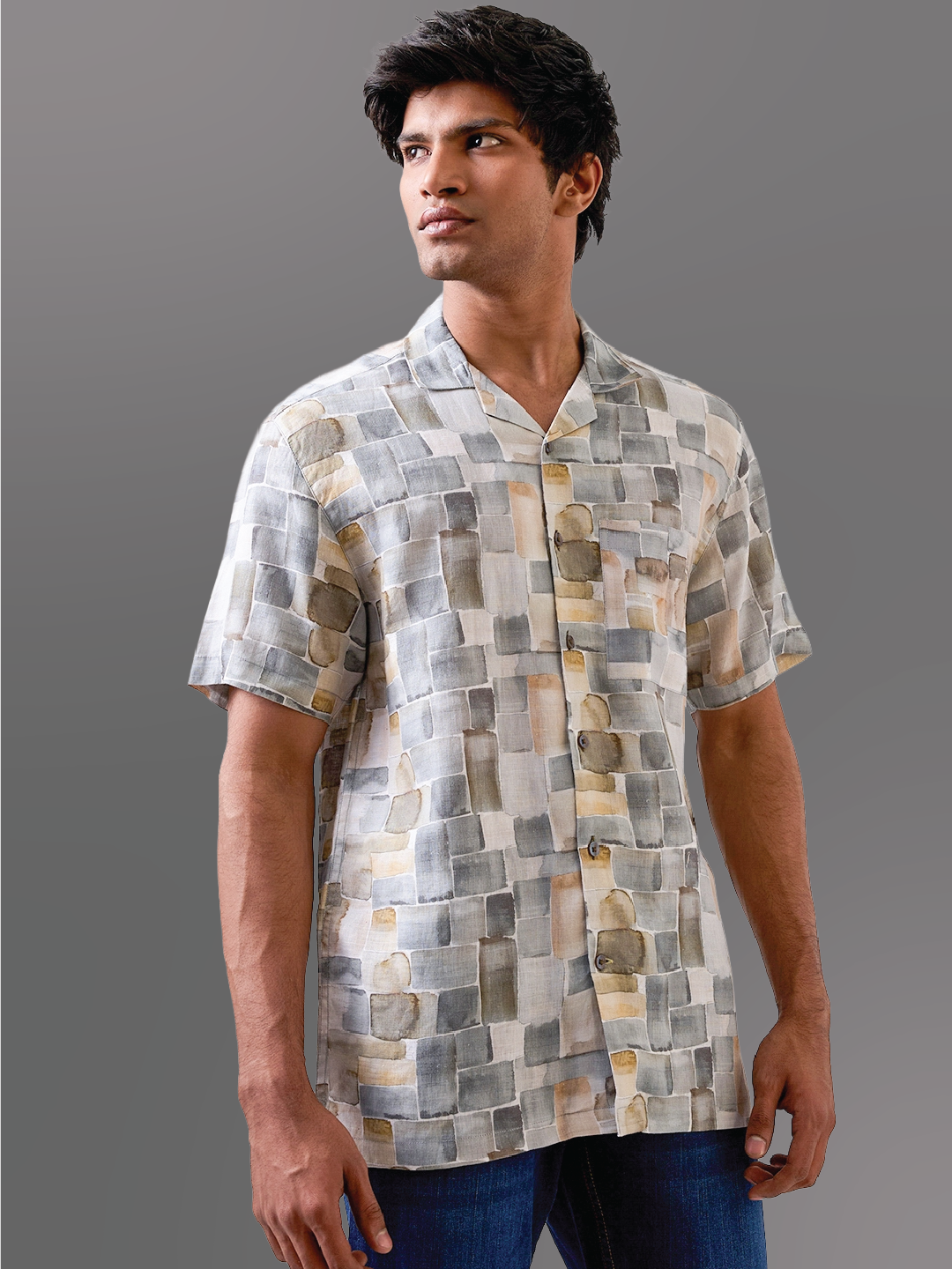 Olive Green Printed Pure Linen Shirt