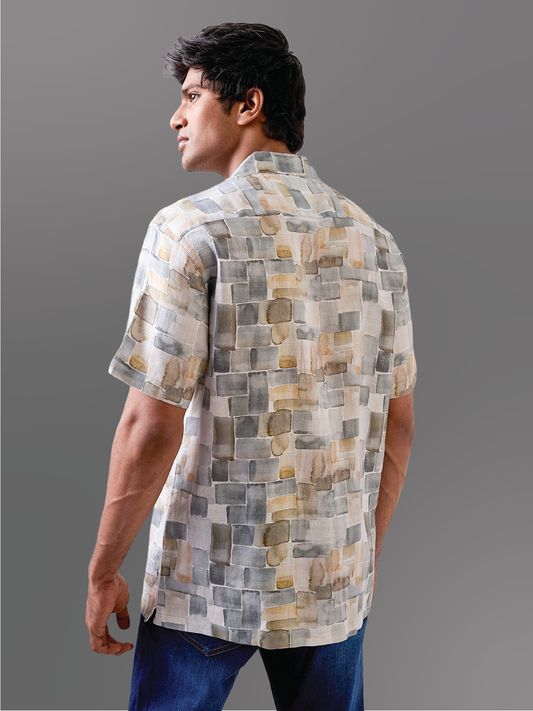 Olive Green Printed Pure Linen Shirt