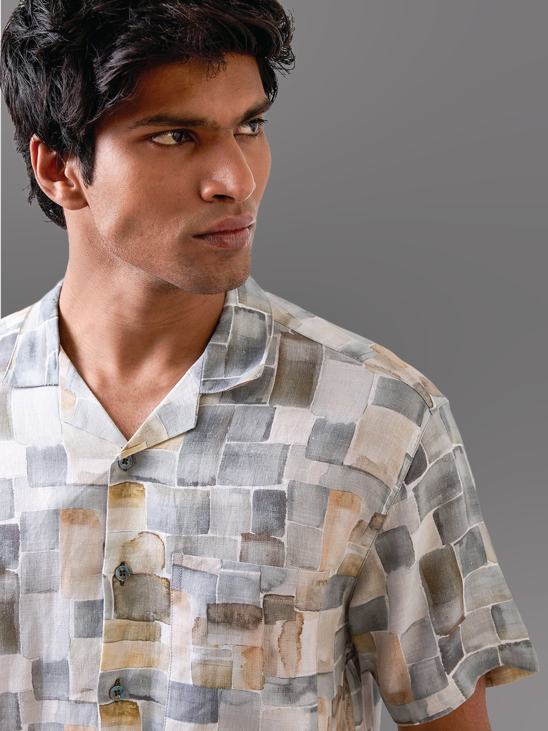 Olive Green Printed Pure Linen Shirt