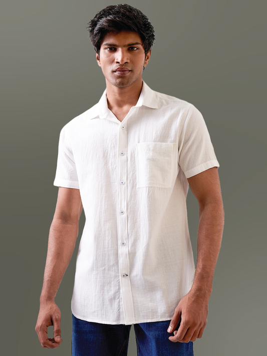White Self-Textured Half Sleeve Handloom Cotton Shirt