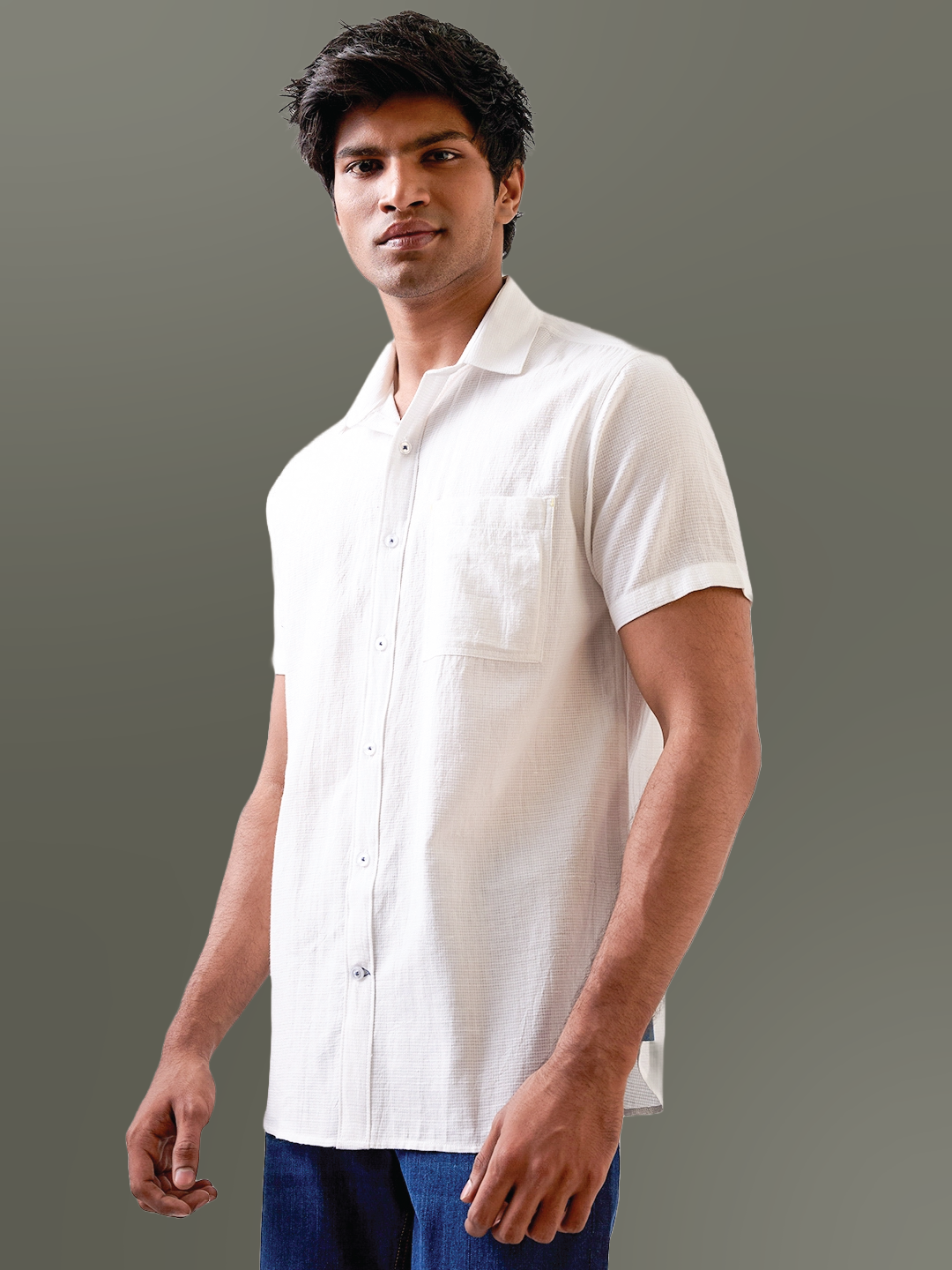 White Self-Textured Half Sleeve Handloom Cotton Shirt