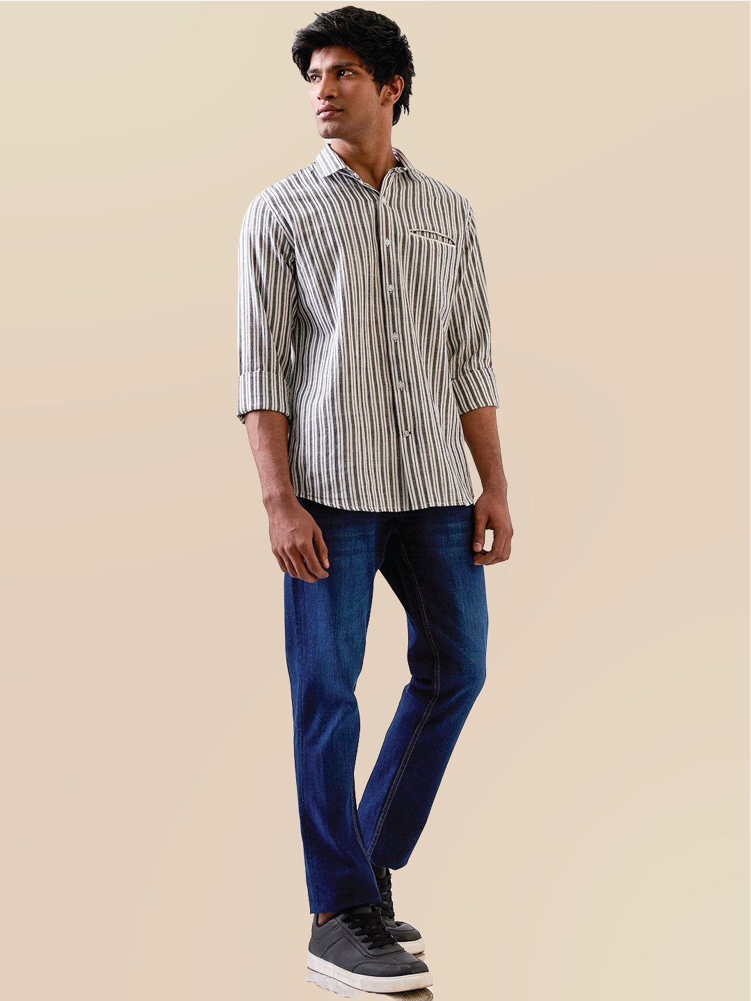 Ash Grey Striped Handloom Cotton Shirt