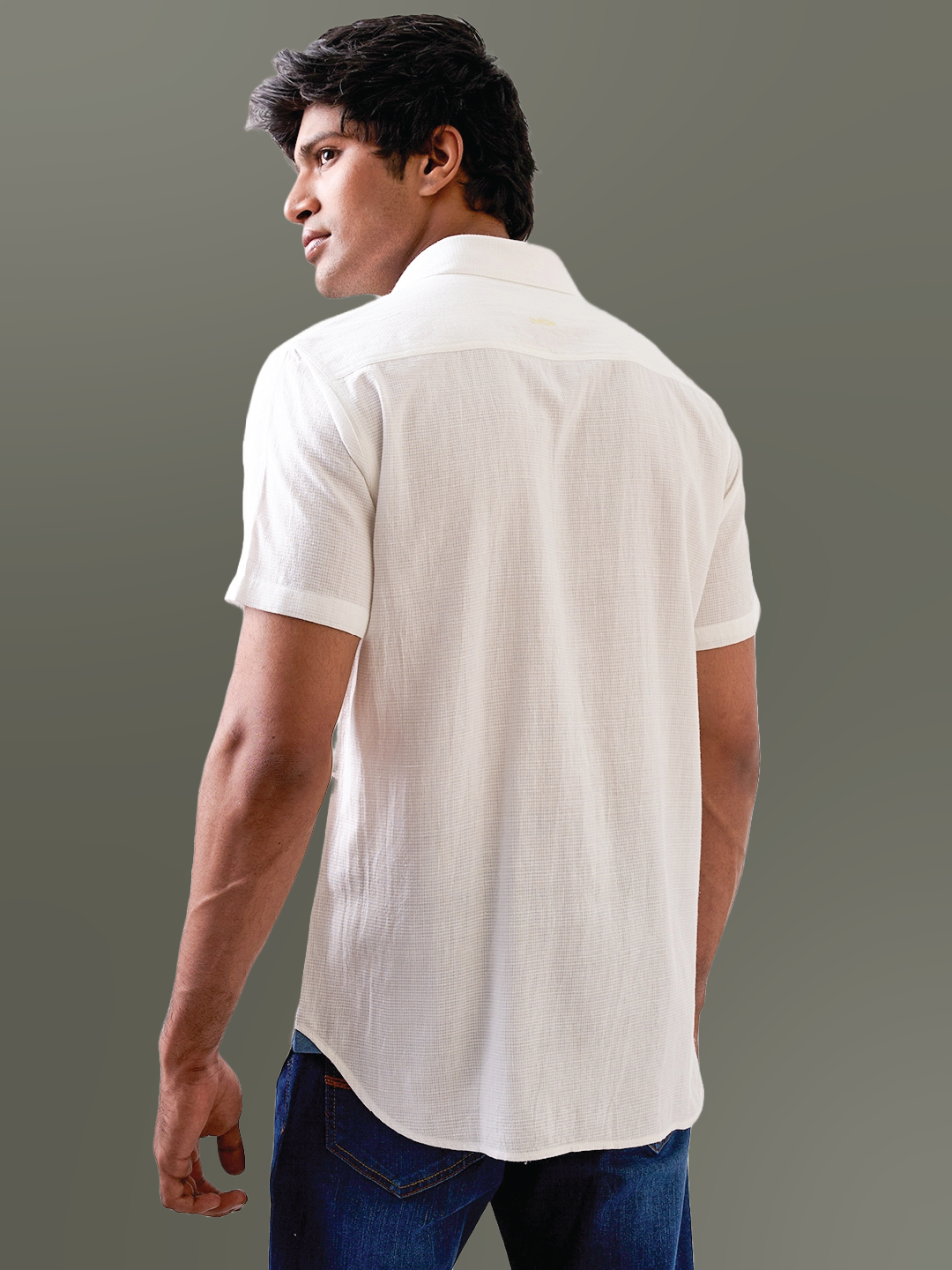 White Self-Textured Half Sleeve Handloom Cotton Shirt