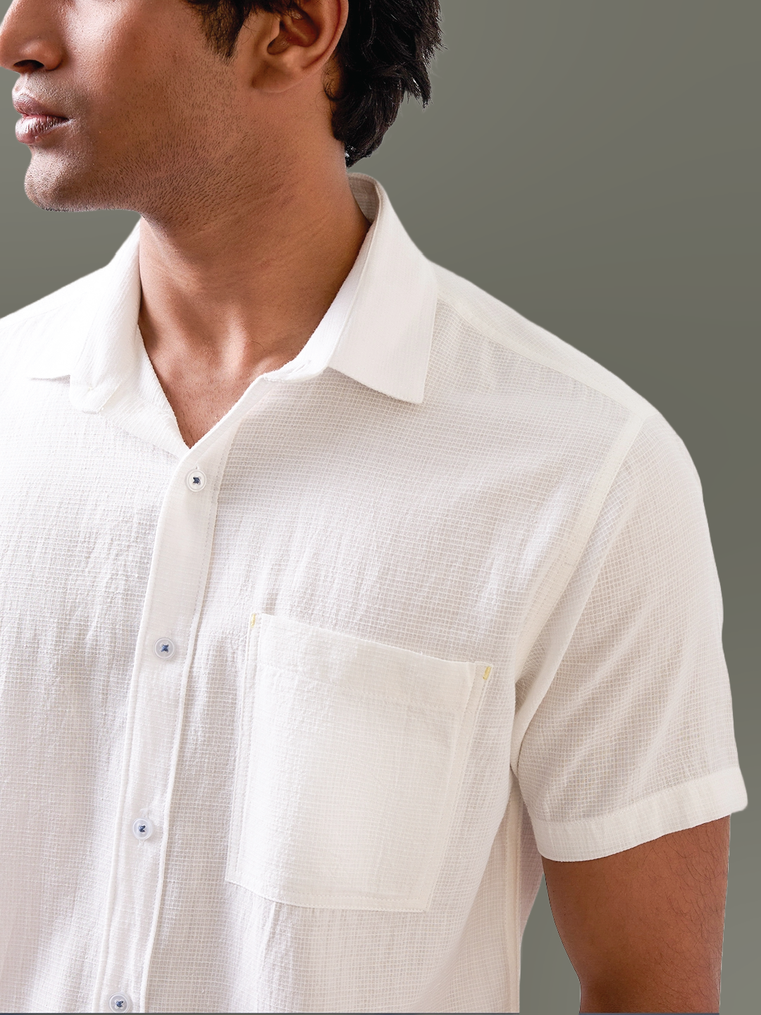 White Self-Textured Half Sleeve Handloom Cotton Shirt