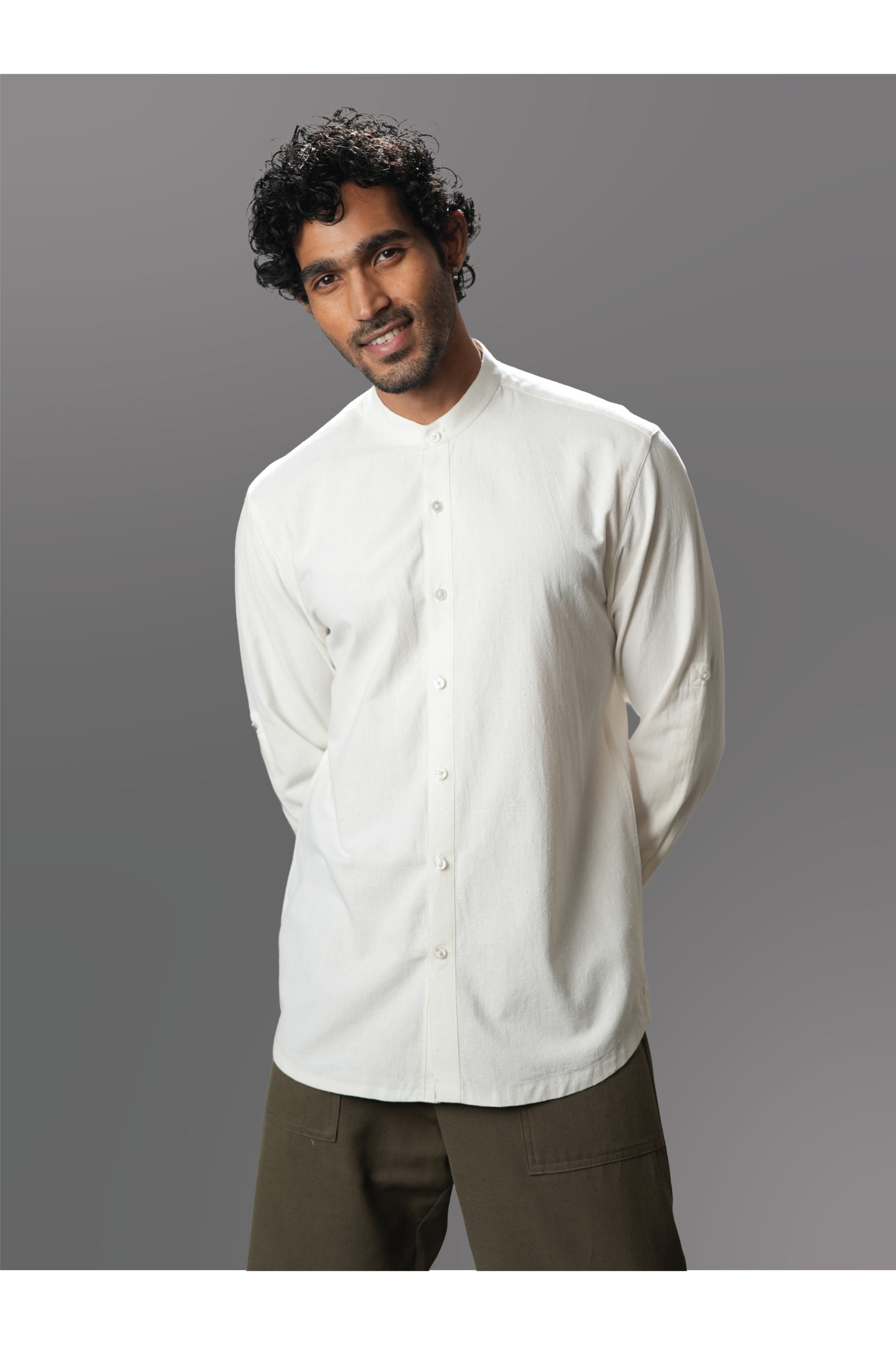 White Solid Handloom Mandarin Collar Shirt