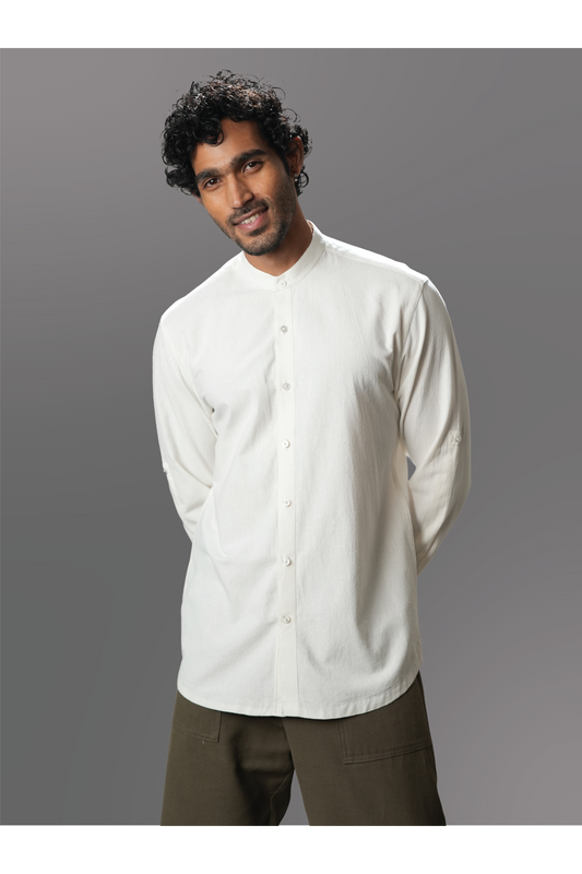 White Solid Handloom Mandarin Collar Shirt