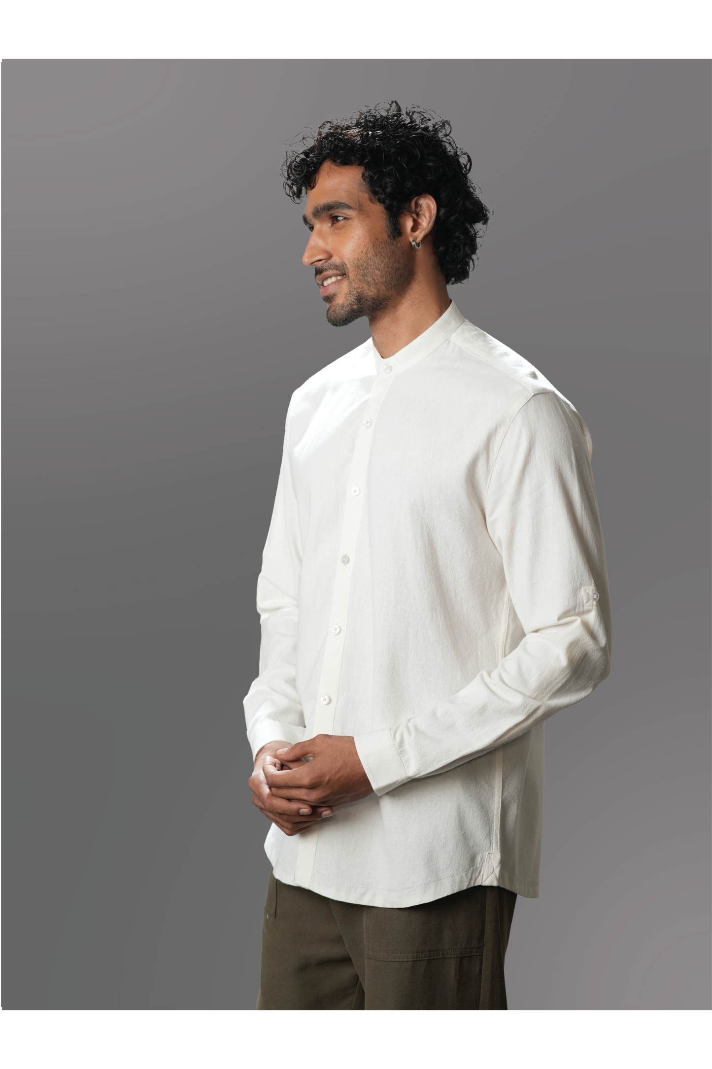 White Solid Handloom Mandarin Collar Shirt