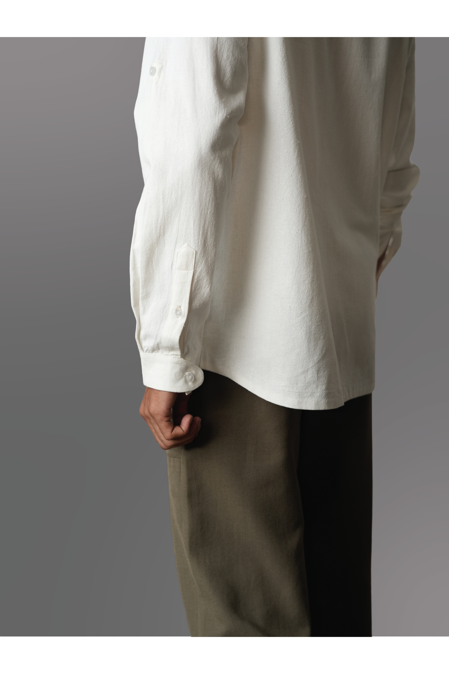 White Solid Handloom Mandarin Collar Shirt