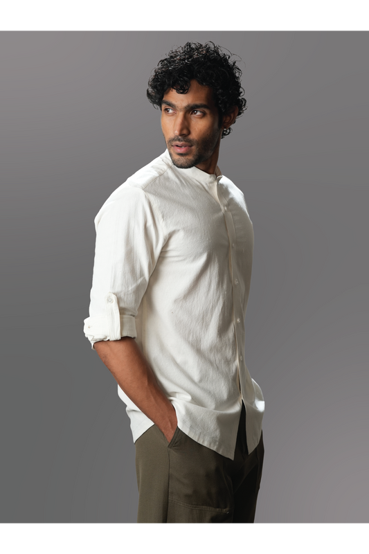 White Solid Handloom Mandarin Collar Shirt
