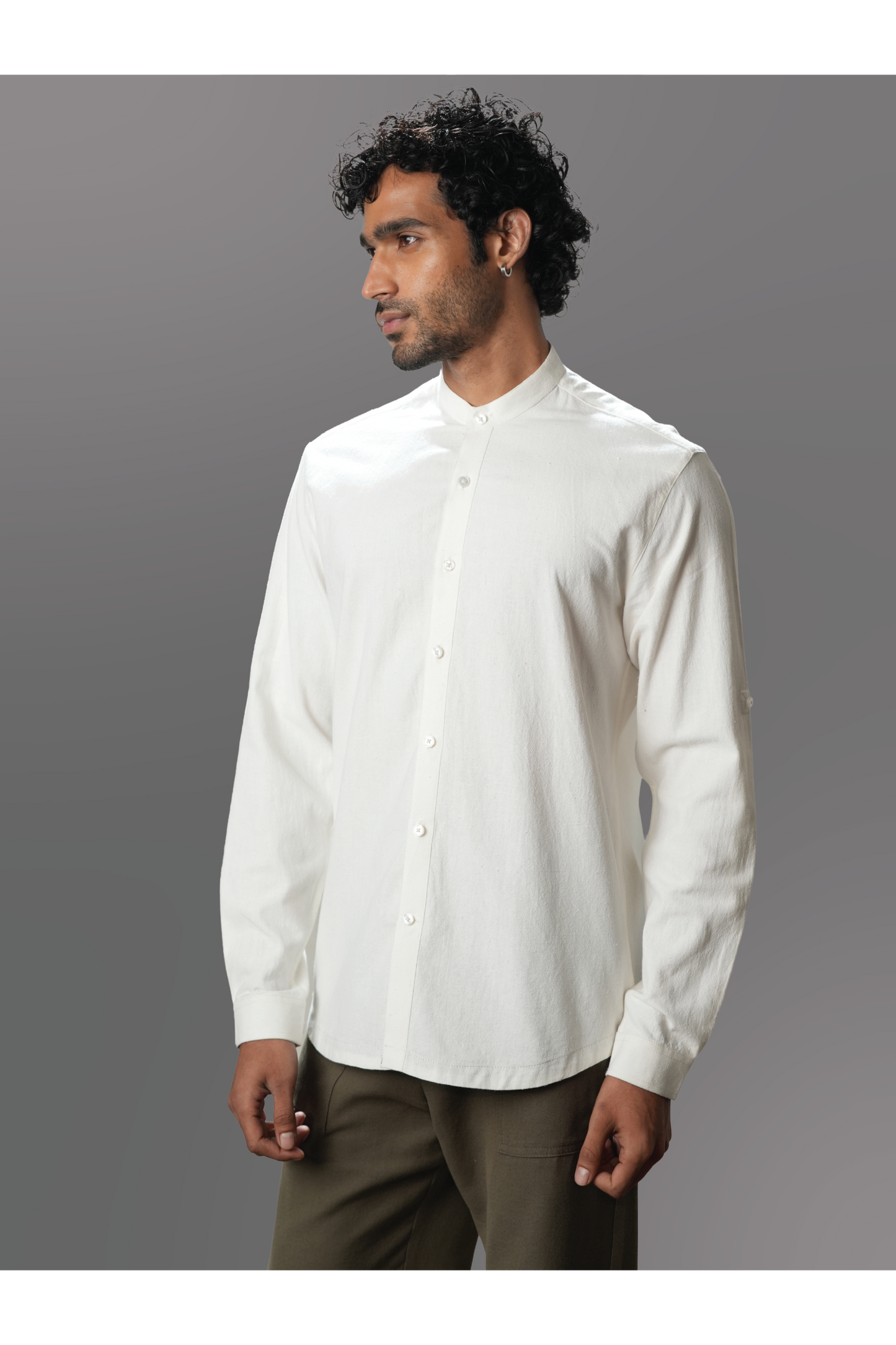 White Solid Handloom Mandarin Collar Shirt