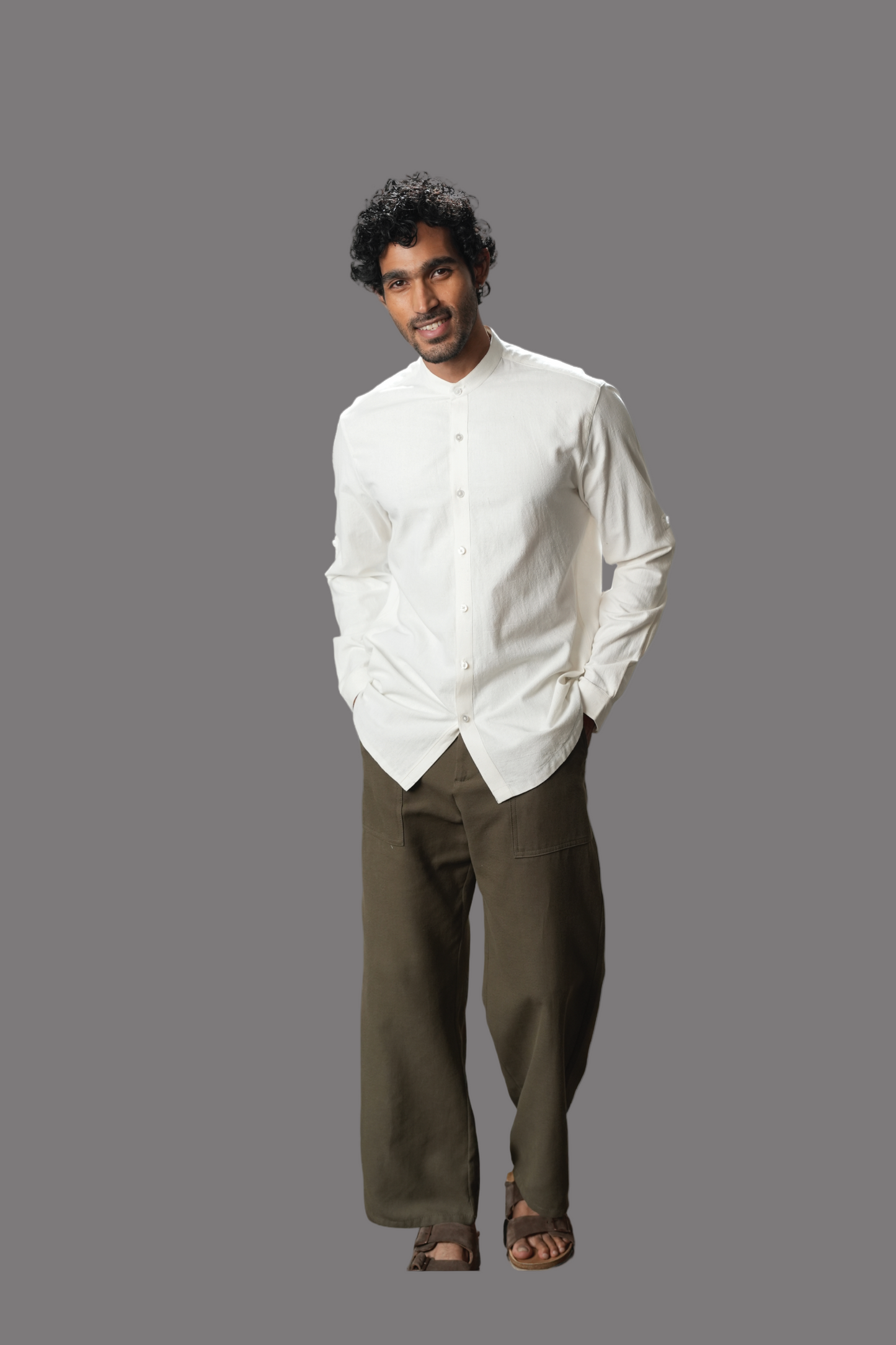 White Solid Handloom Mandarin Collar Shirt