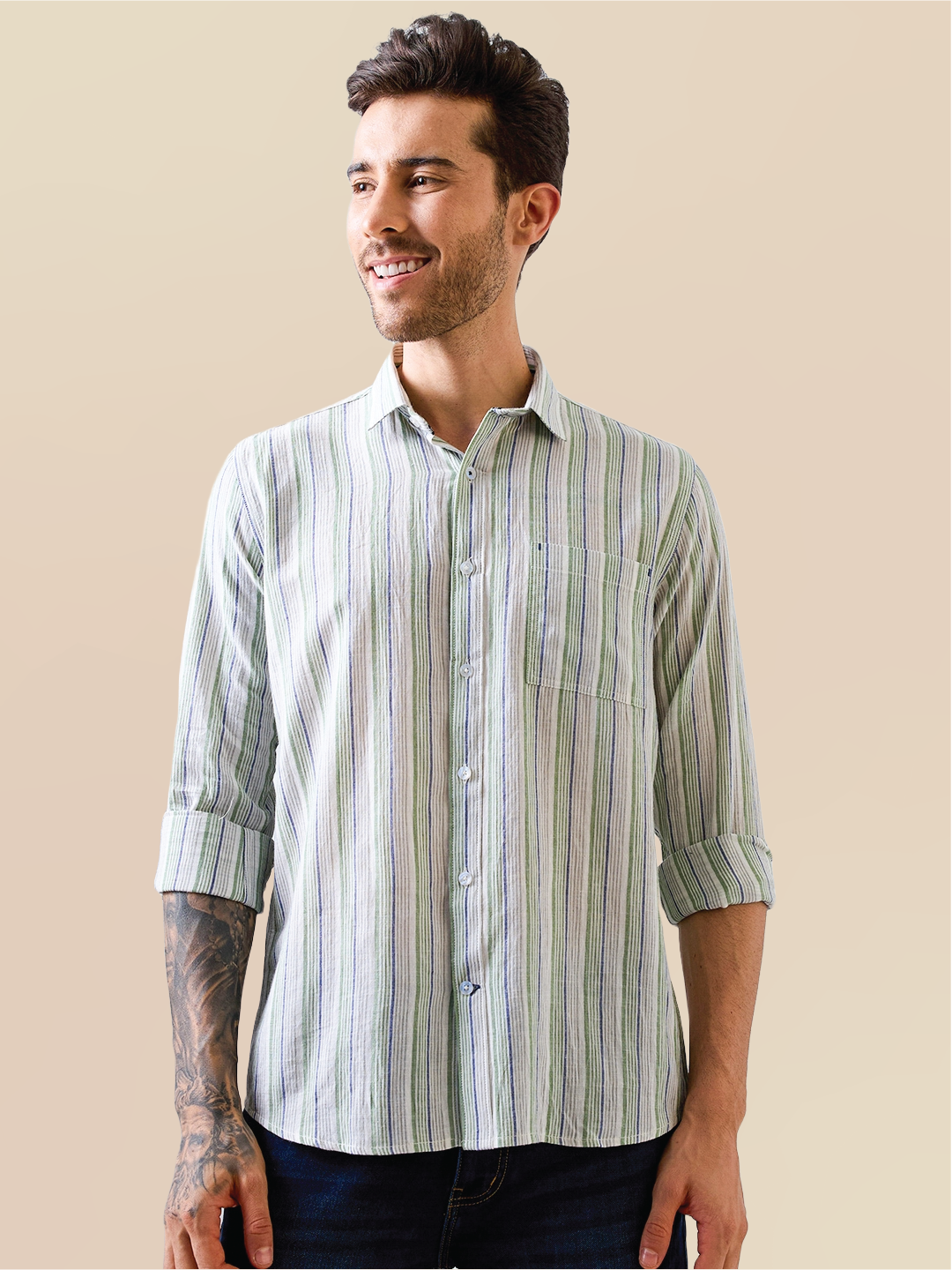 Green-Blue Striped Handloom Cotton Shirt