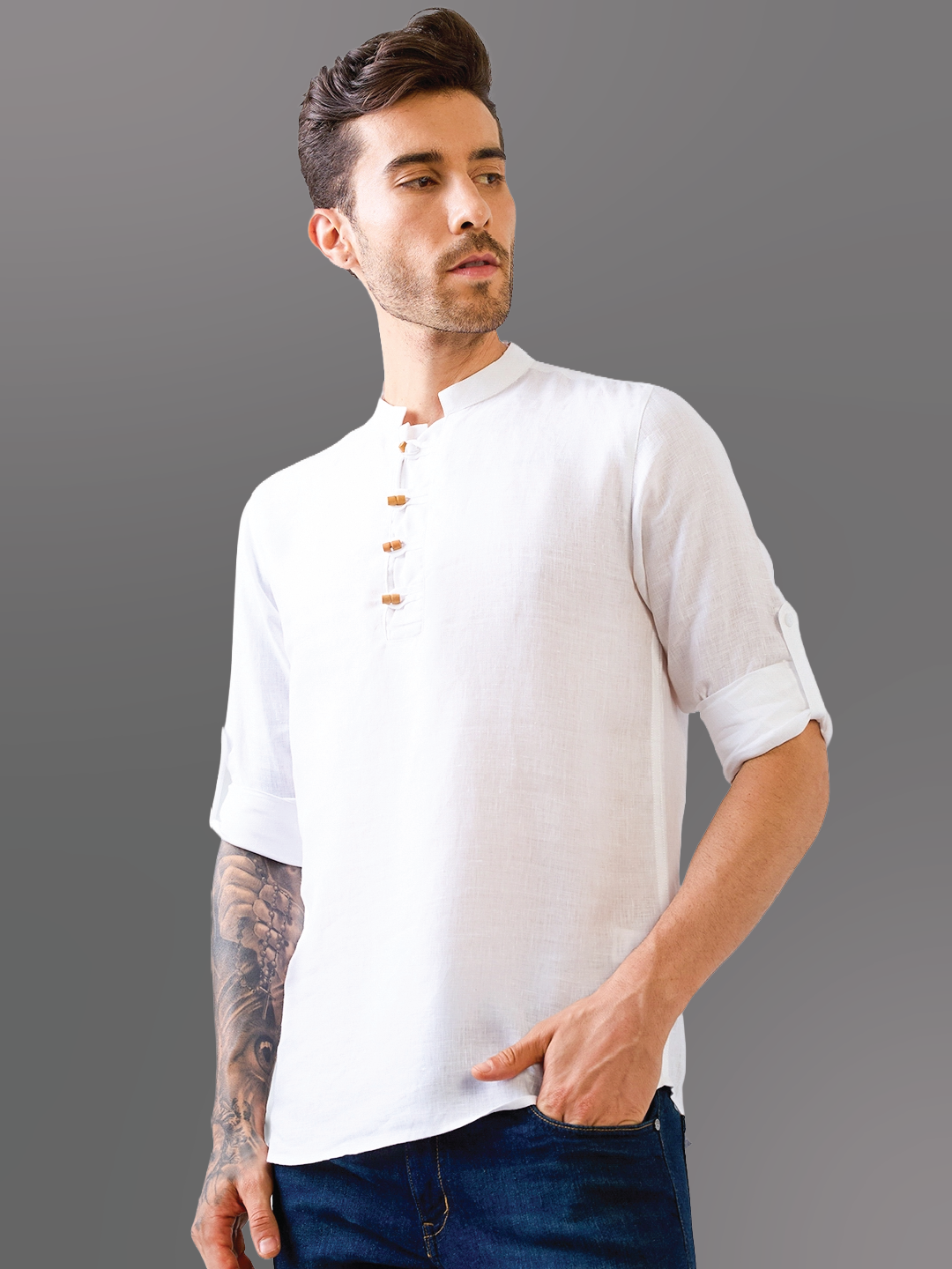 White Solid Wooden-Button Pure Linen Kurta Shirt