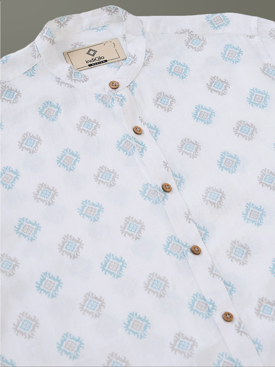 White Printed Mandarin Collar Pure Linen Shirt
