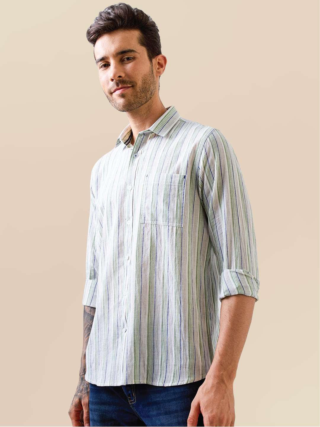 Green-Blue Striped Handloom Cotton Shirt