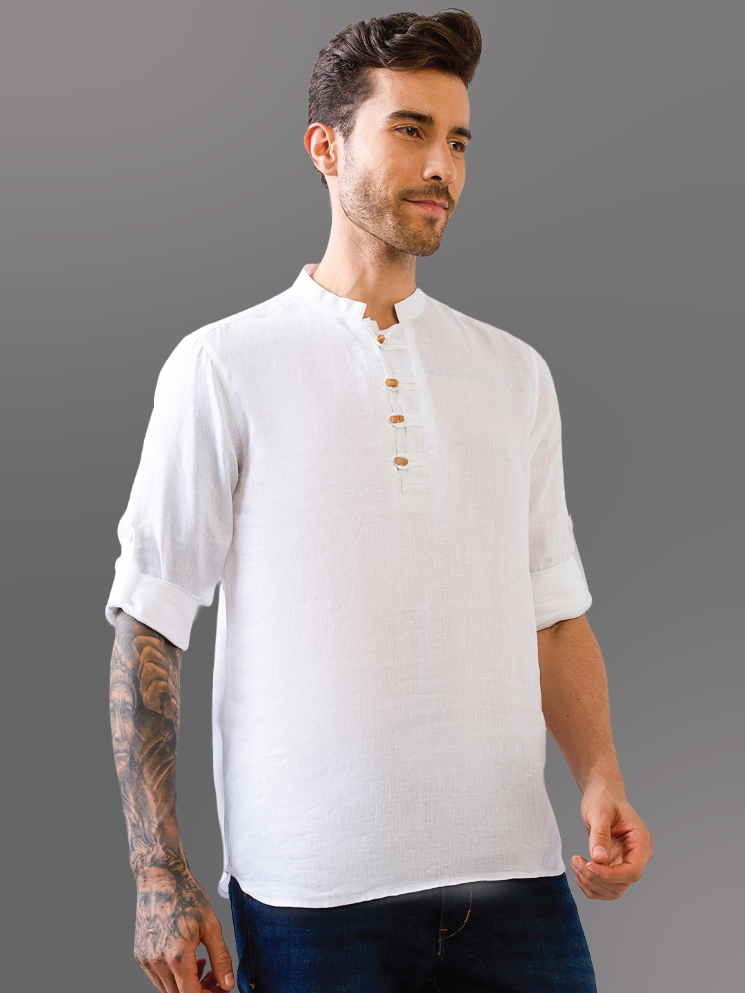 White Solid Wooden-Button Pure Linen Kurta Shirt