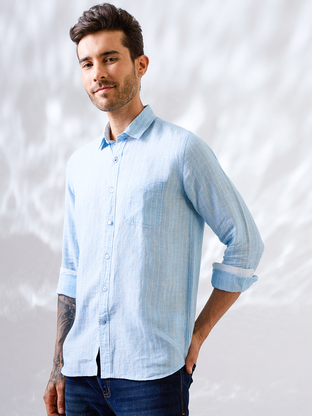 Premium sky blue linen shirt with vertical stripes 