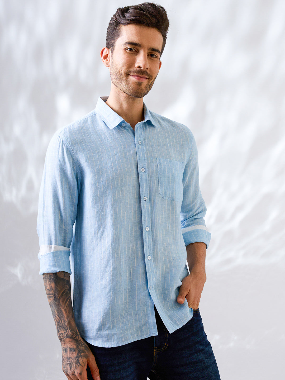 Premium sky blue linen shirt with vertical stripes 