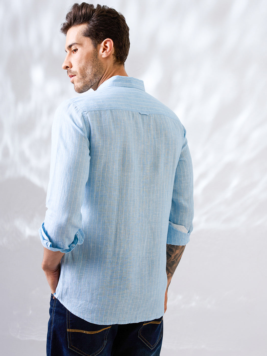 Premium sky blue linen shirt with vertical stripes 