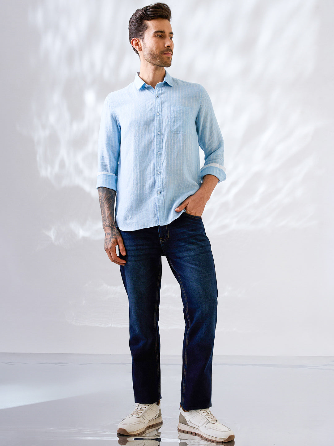 Premium sky blue linen shirt with vertical stripes 