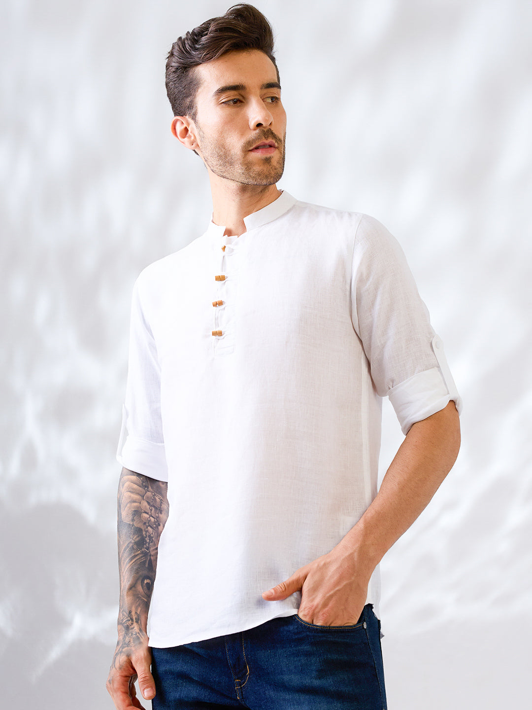 White solid pure linen kurta shirt with wooden buttons