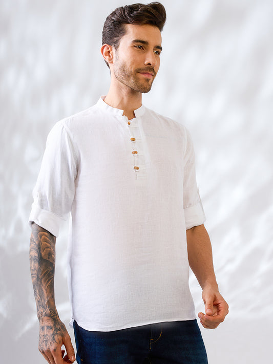 White solid pure linen kurta shirt with wooden buttons