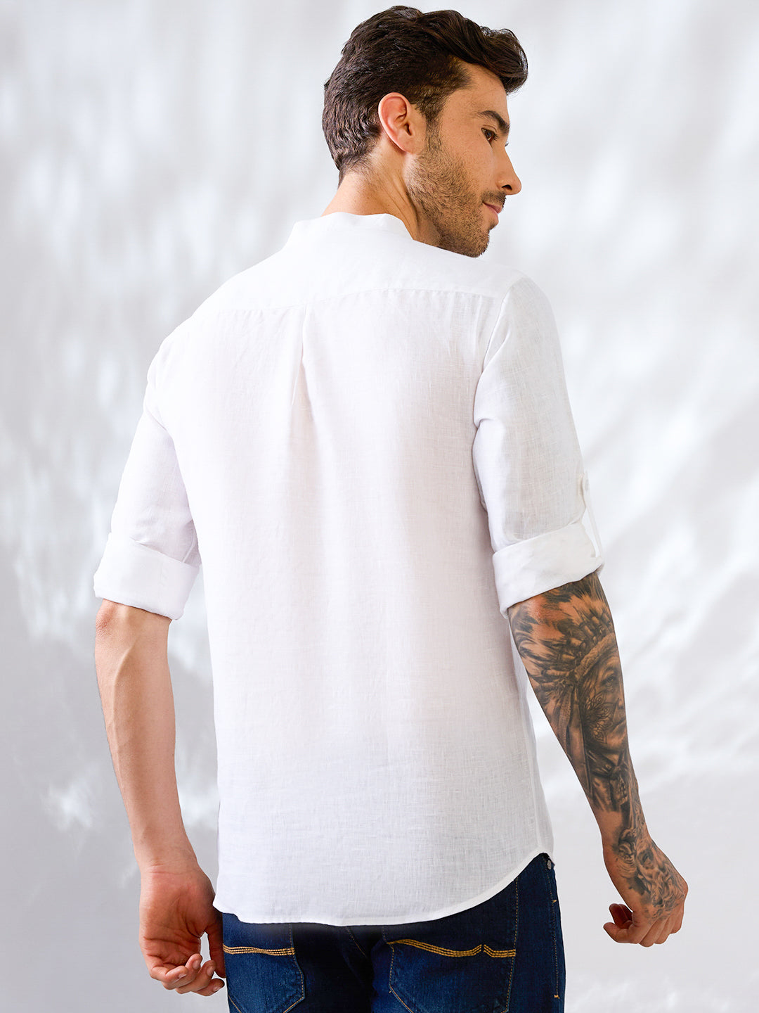White solid pure linen kurta shirt with wooden buttons