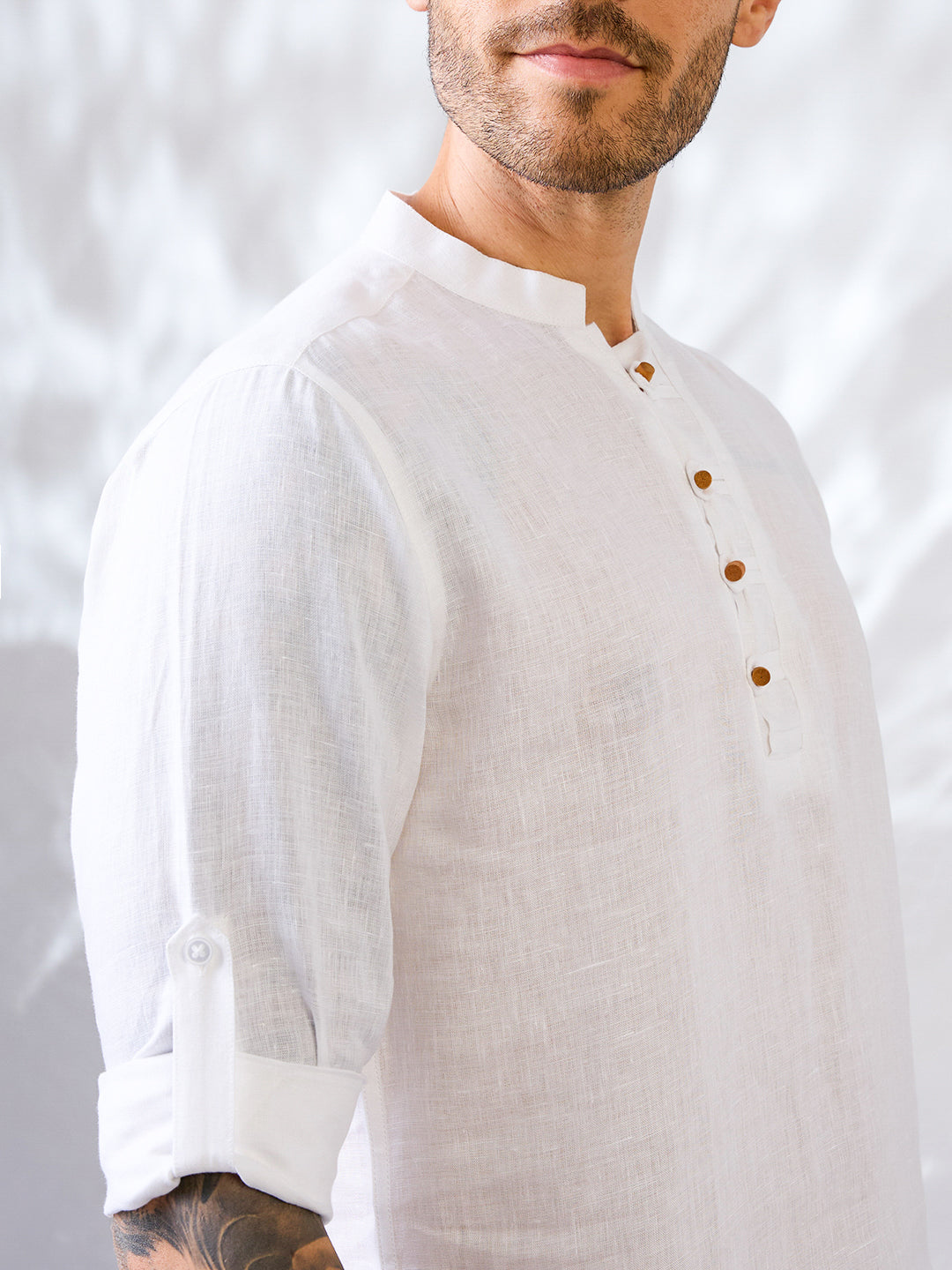 White solid pure linen kurta shirt with wooden buttons