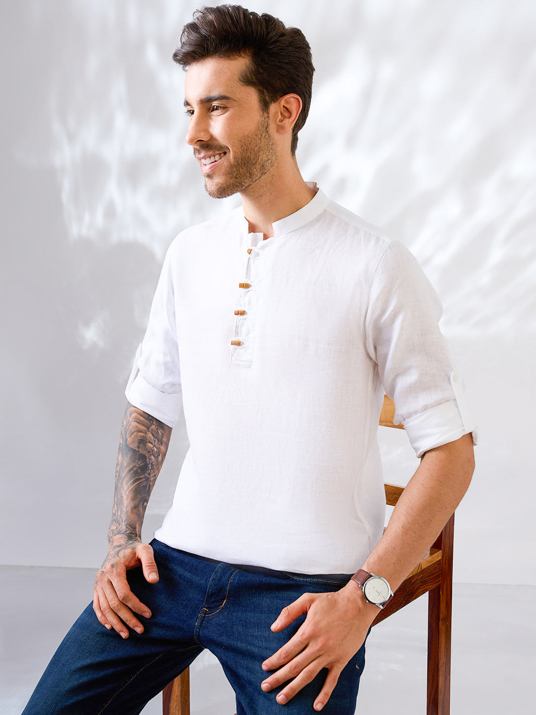 White solid pure linen kurta shirt with wooden buttons