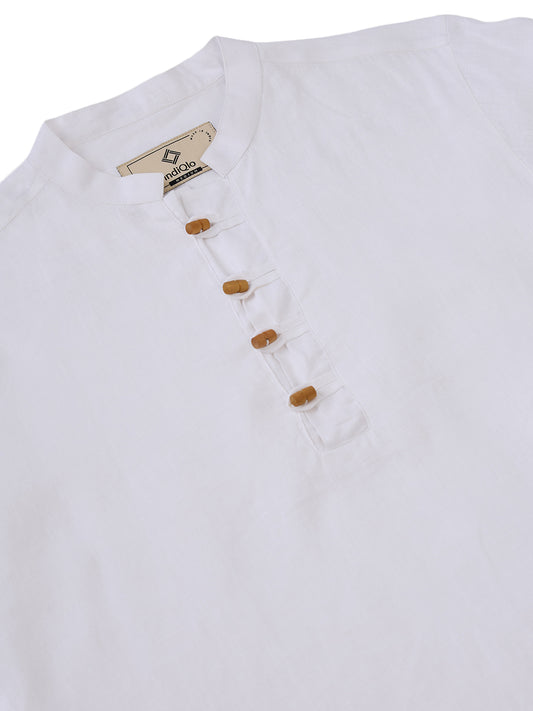 White solid pure linen kurta shirt with wooden buttons
