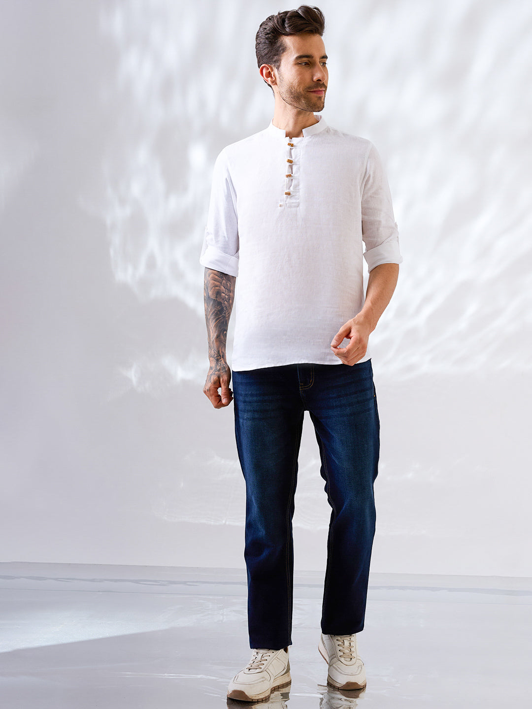 White solid Indian linen kurta shirt with wooden buttons