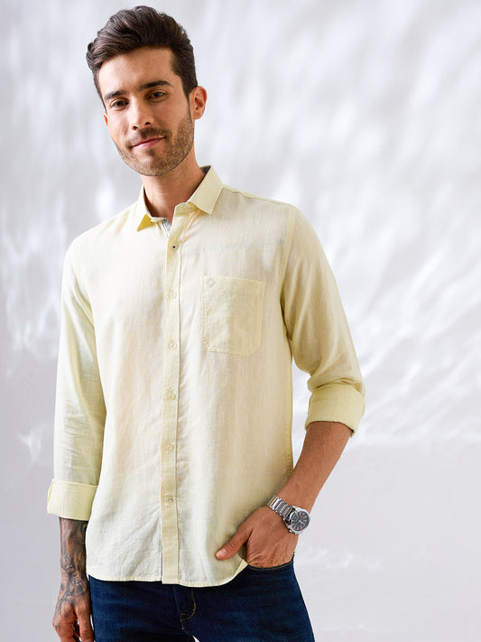 Pure linen shirt in yellow, styled for modern Indian menswear