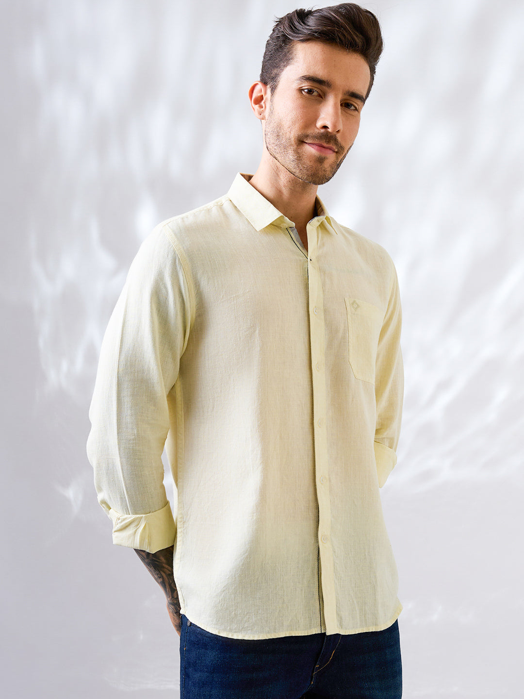 Pure linen shirt in yellow, styled for modern Indian menswear