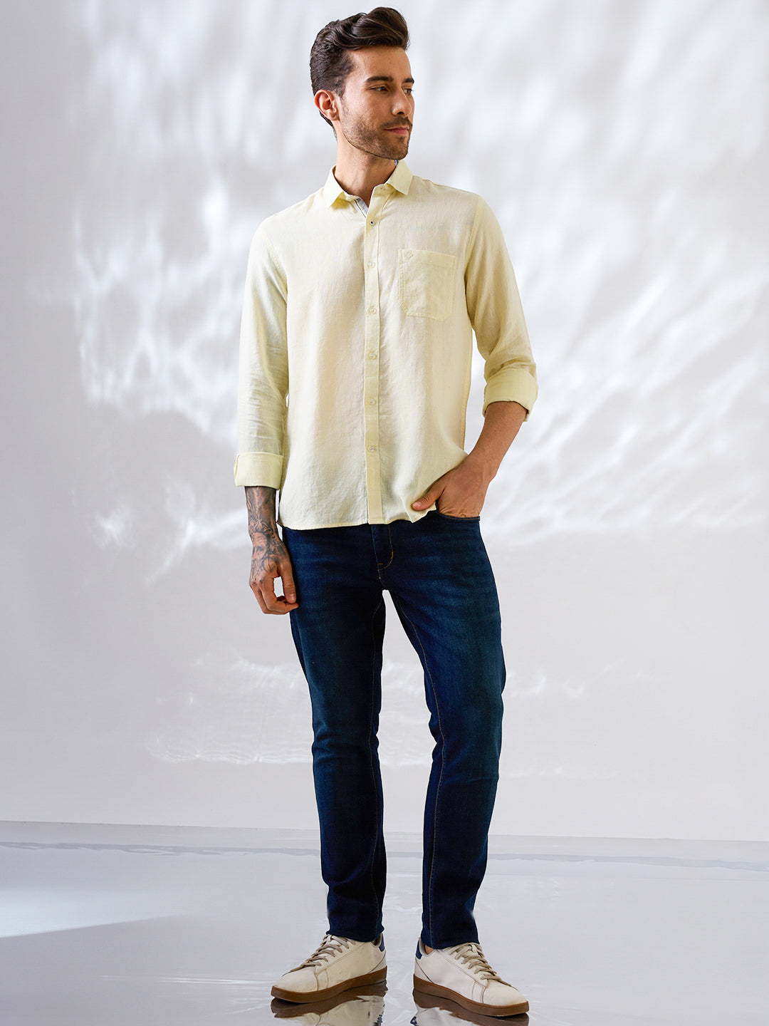 Pure linen shirt in yellow, styled for modern Indian menswear