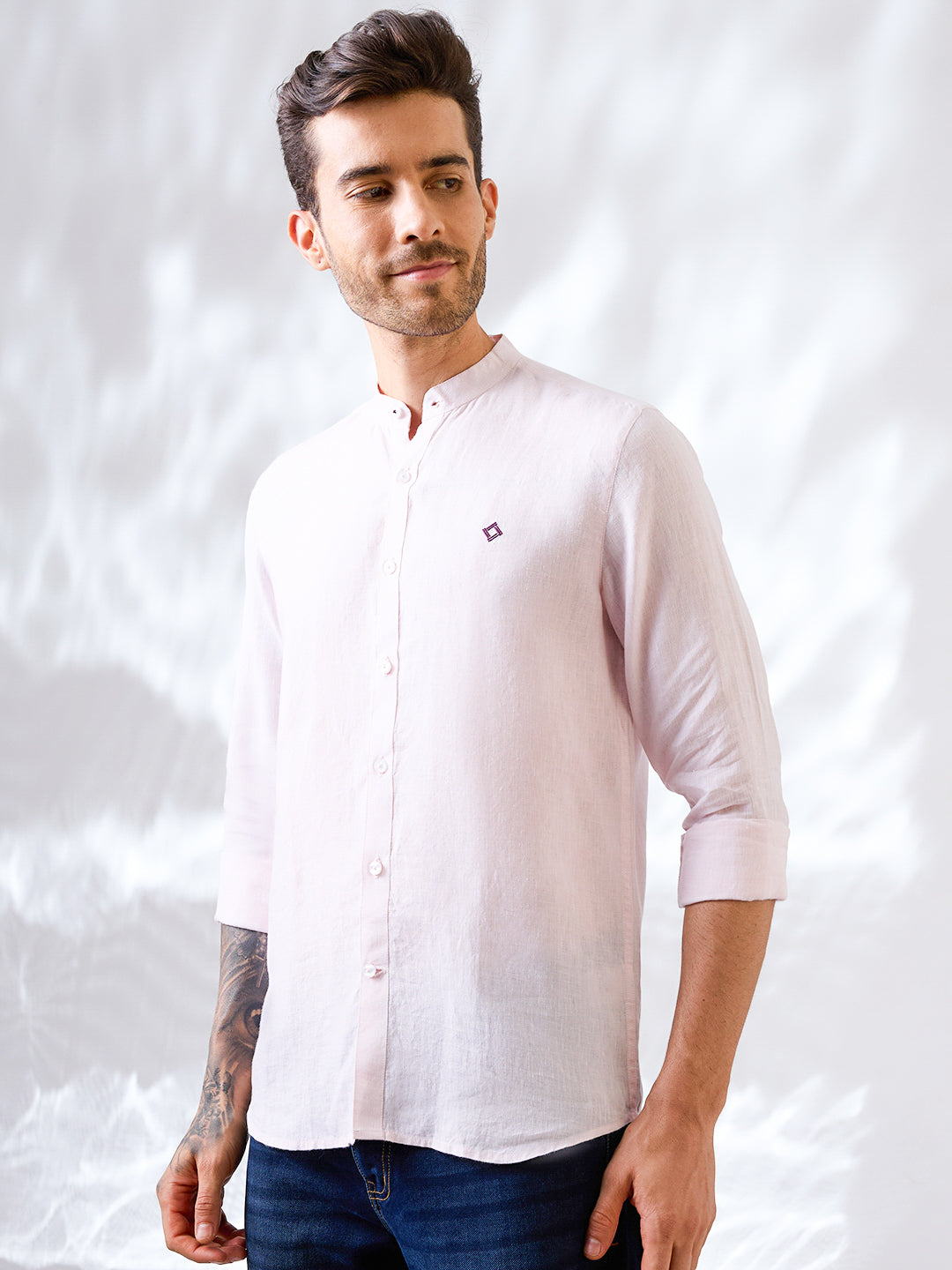 Pastel pink  Indian linen shirt with mandarin collar
