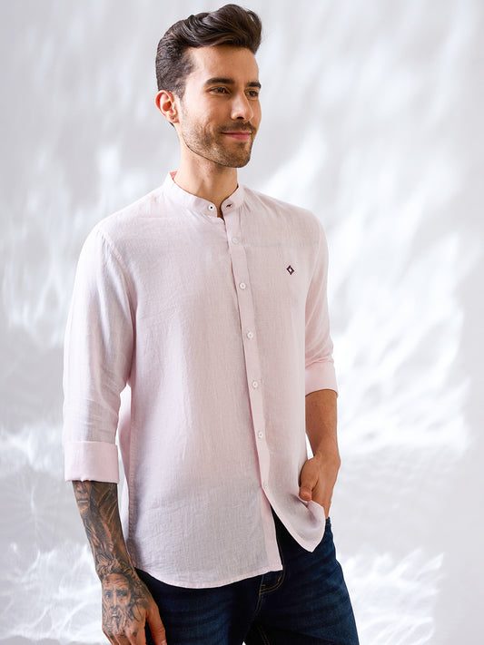Pastel pink  Indian linen shirt with mandarin collar