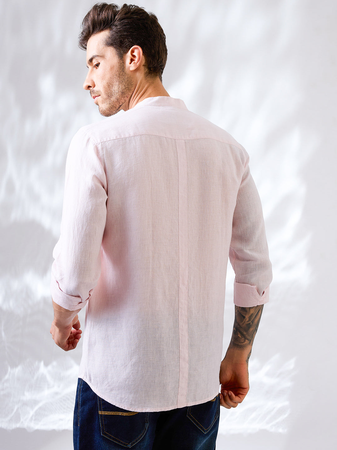 Pastel pink  Indian linen shirt with mandarin collar