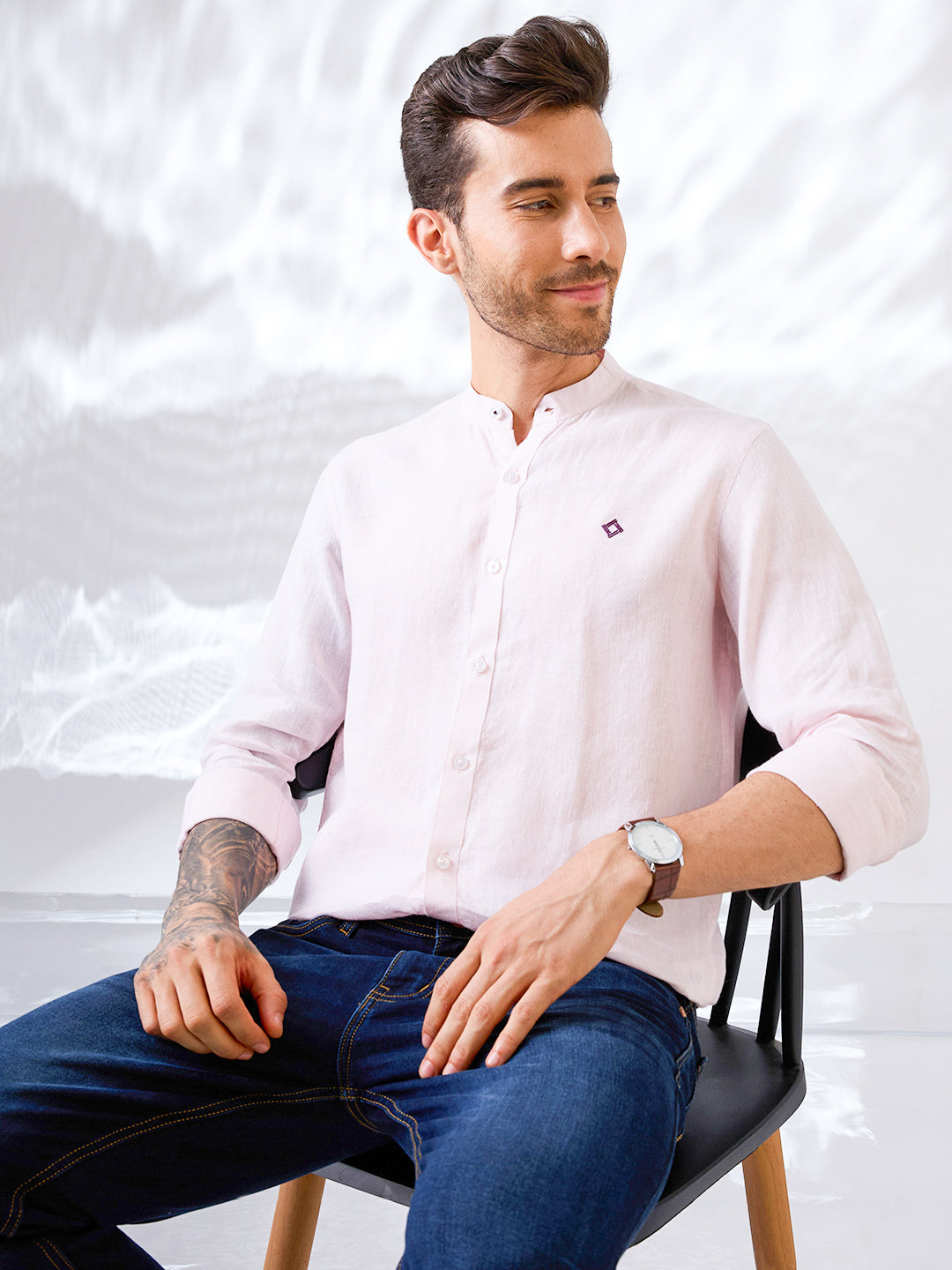 Pastel pink  Indian linen shirt with mandarin collar