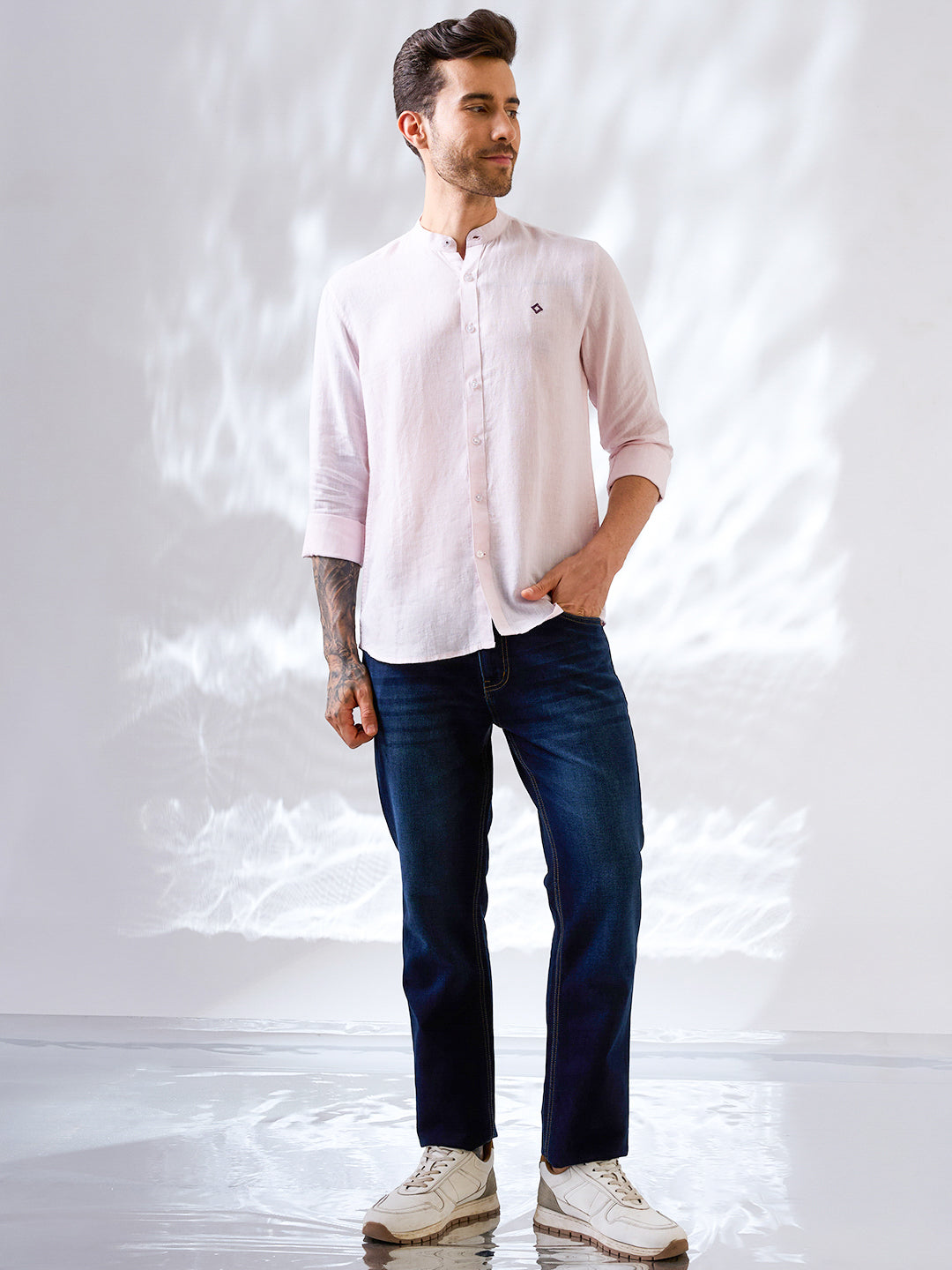 Pastel pink  Indian linen shirt with mandarin collar