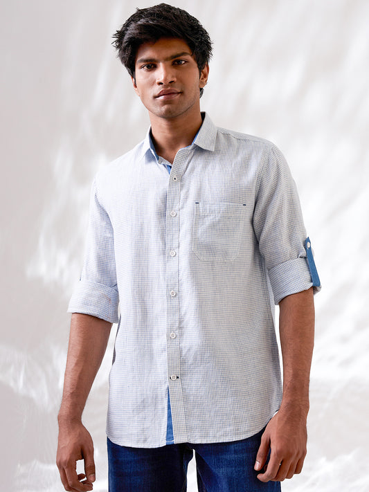 White Indian linen shirt with subtle micro-check pattern