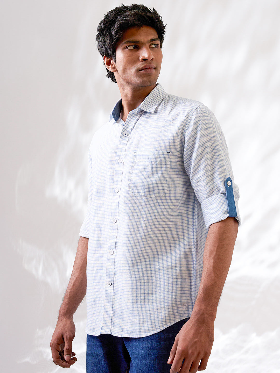 White Indian linen shirt with subtle micro-check pattern