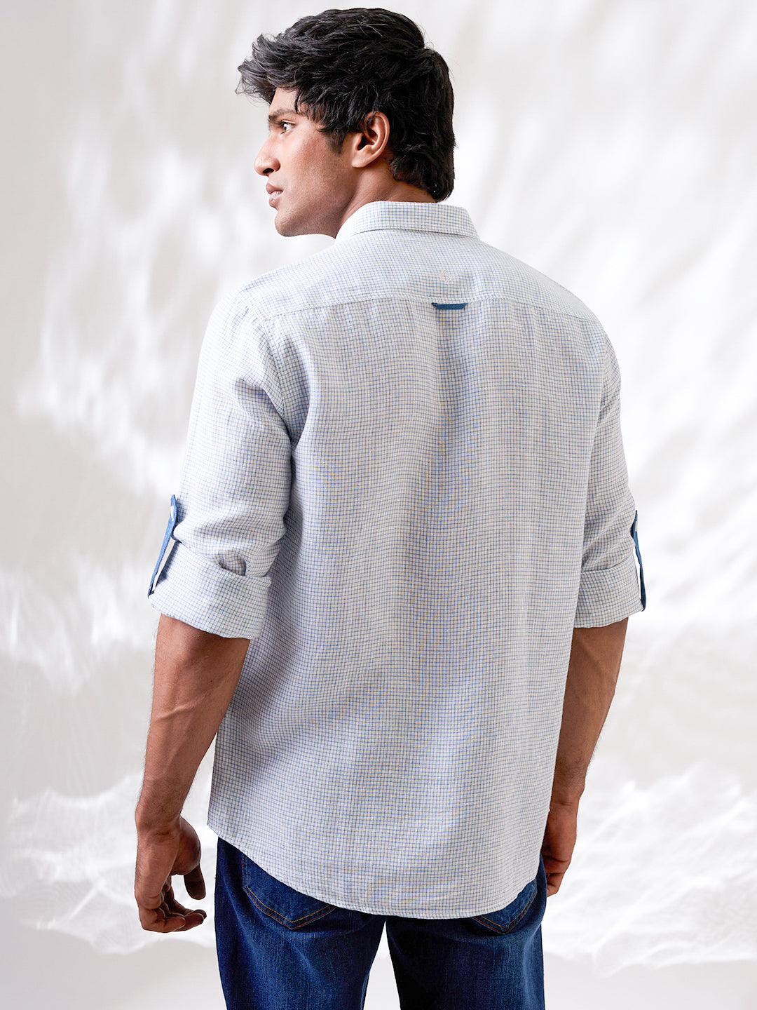 White Indian linen shirt with subtle micro-check pattern