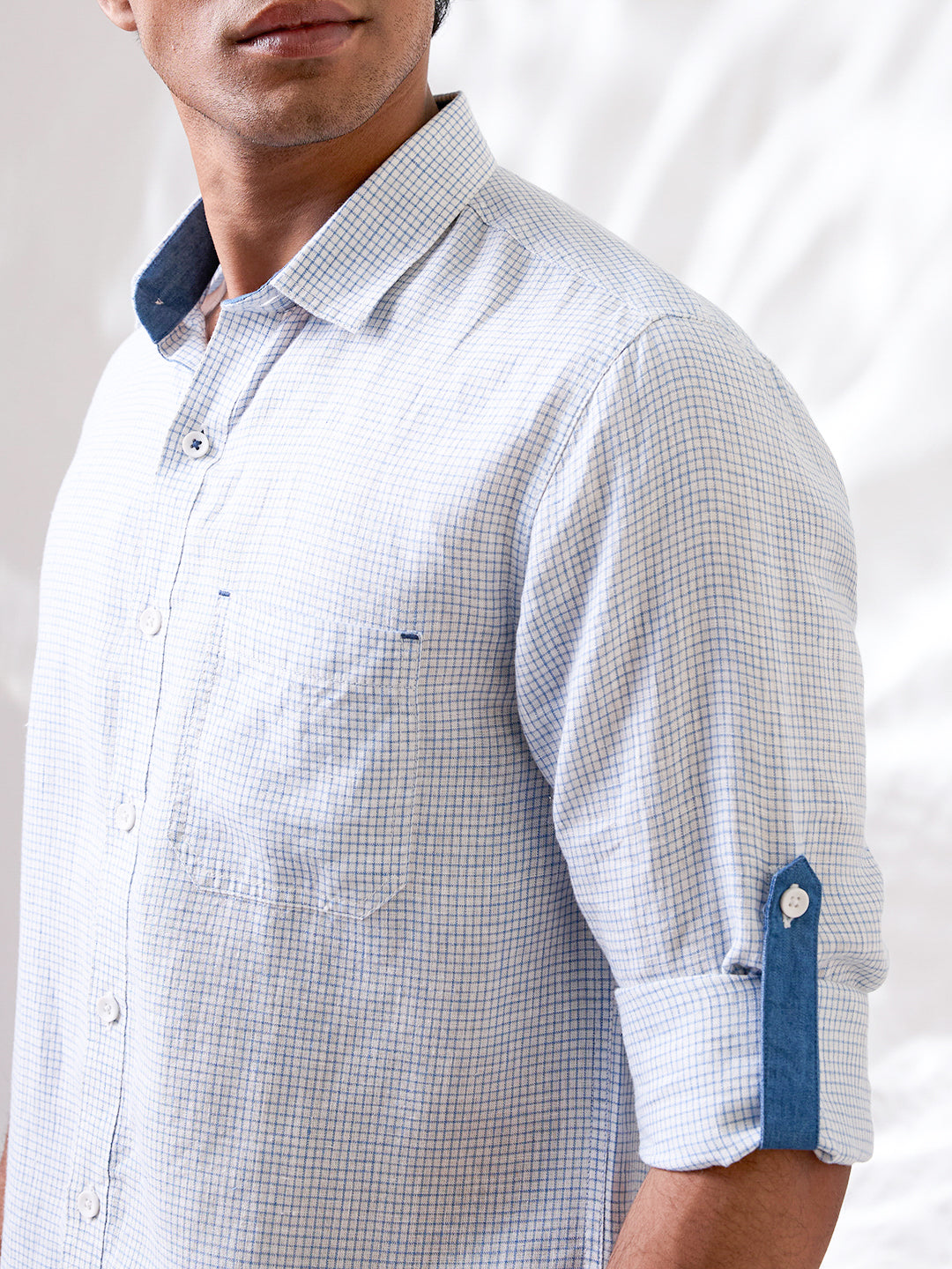 White Indian linen shirt with subtle micro-check pattern