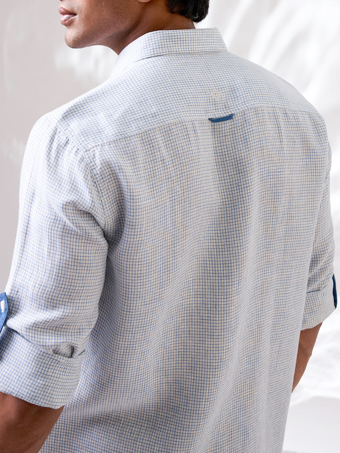 White Indian linen shirt with subtle micro-check pattern