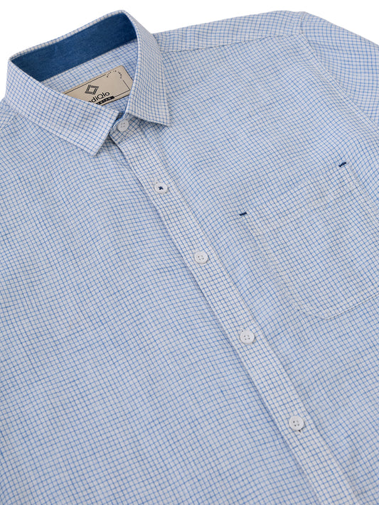 White Indian linen shirt with subtle micro-check pattern