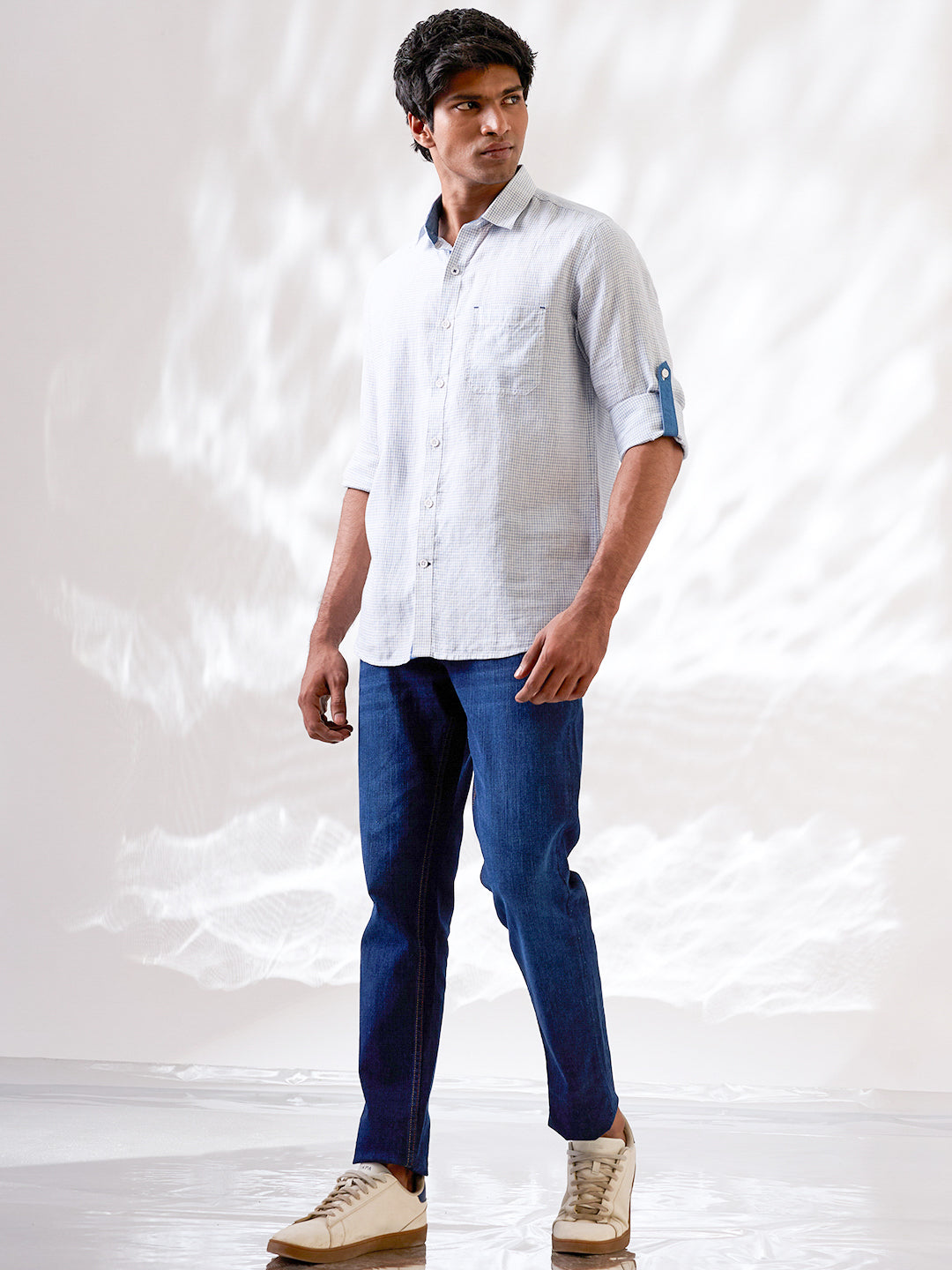 White Indian linen shirt with subtle micro-check pattern