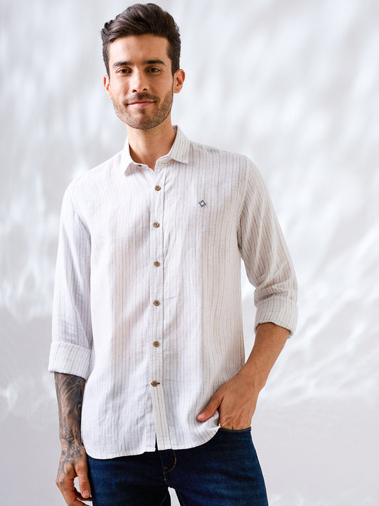 White Indian linen shirt with subtle vertical stripes