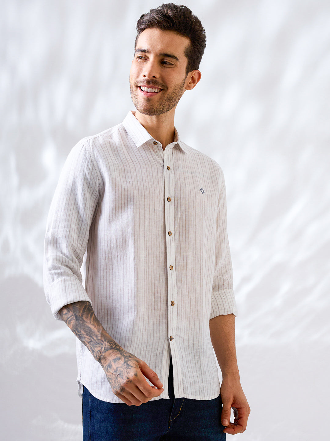 White Indian linen shirt with subtle vertical stripes