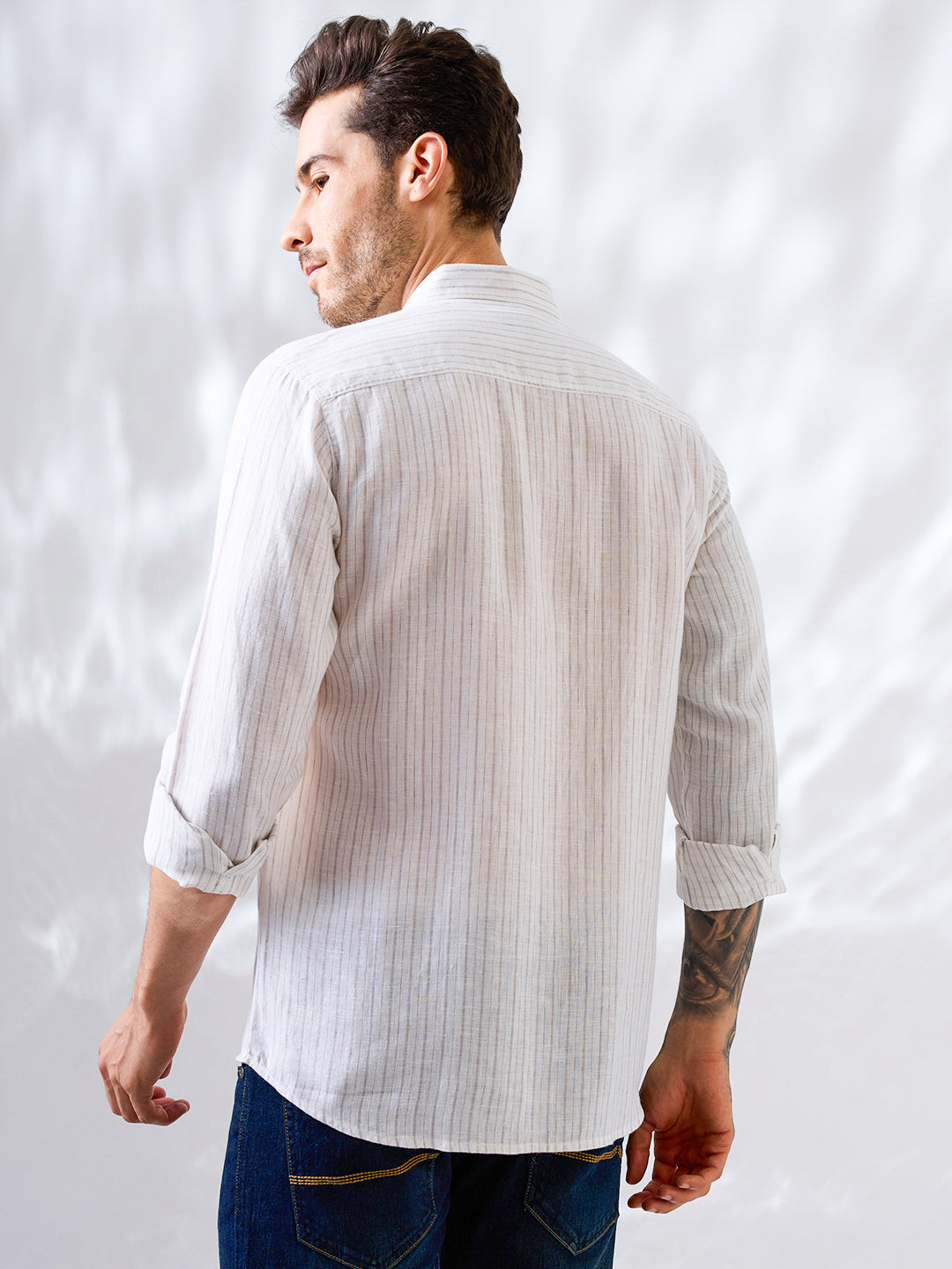White Indian linen shirt with subtle vertical stripes