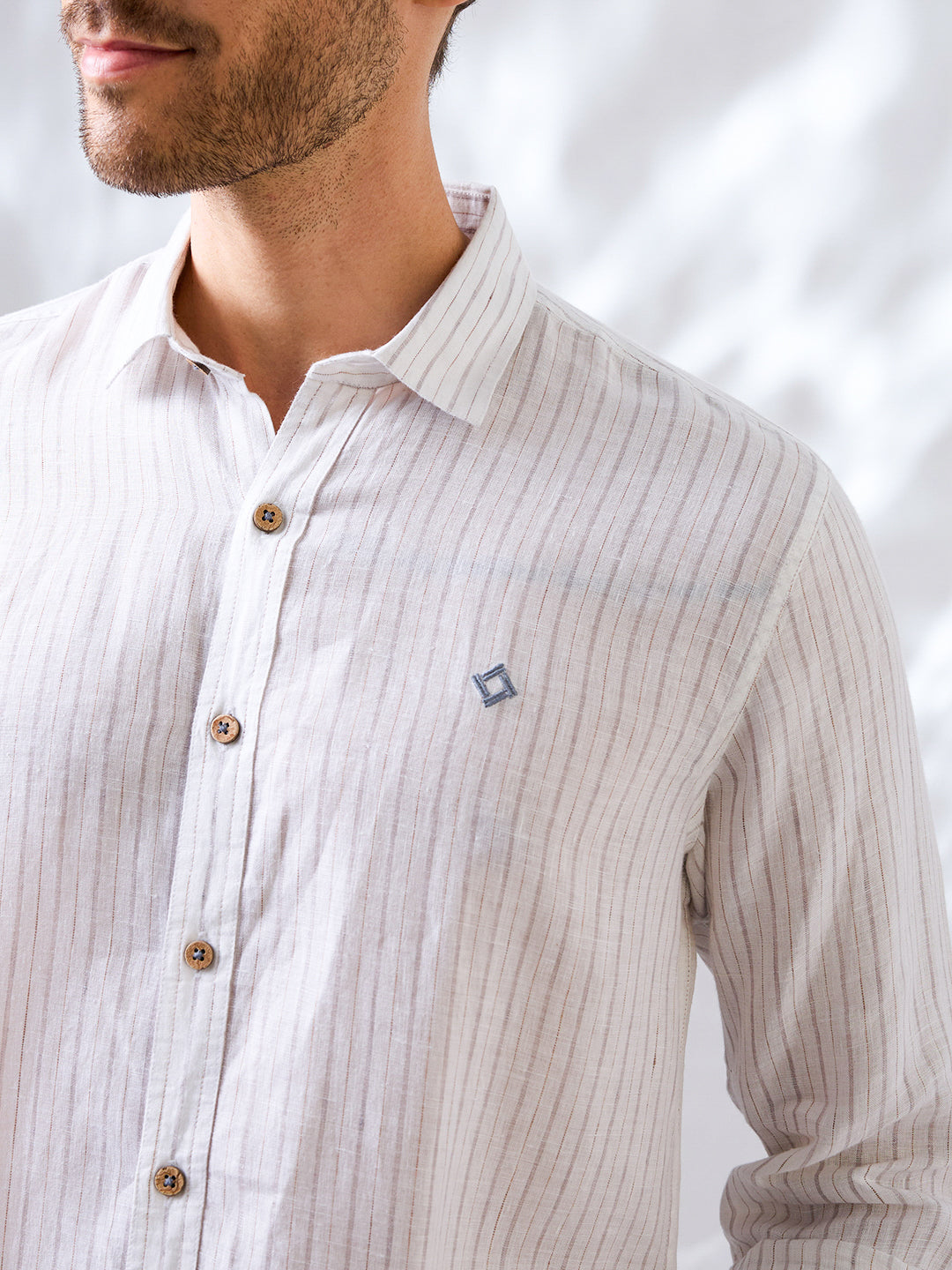 White Indian linen shirt with subtle vertical stripes